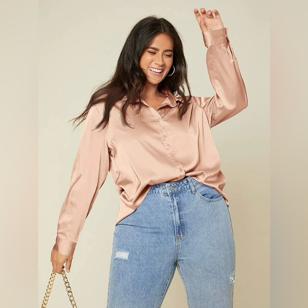 NEW SHEIN Plus Solid Button Up Satin Shirt
